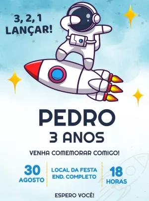 Convite de Aniversário Astronauta e Foguete para Editar Online