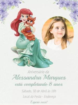 Convite Aniversário Pequena Sereia Ariel com Foto para Editar