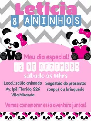 Convite Aniversário Panda Rosa Fofo para Editar Online
