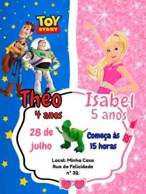 Convite Aniversário Duplo Toy Story e Barbie para Editar