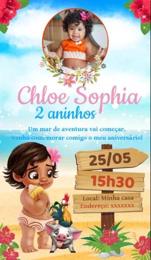 Convite Aniversário Moana Baby com Foto para Editar Online