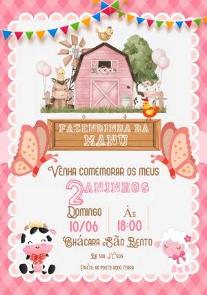 Convite Aniversário Fazendinha Rosa para Editar Online