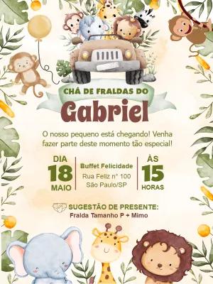 Convite Chá de Fraldas Safari com Animais para Editar Online
