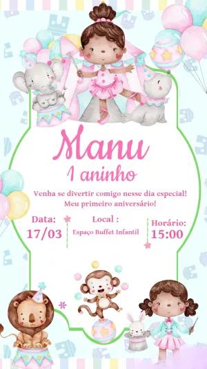 Convite Aniversário Circo Rosa com Animais para Editar Online