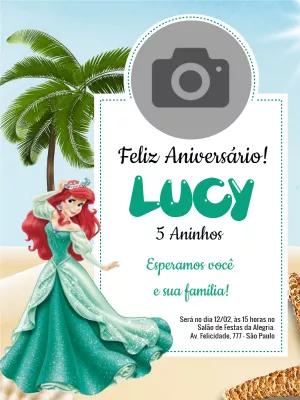 Convite de Aniversário Ariel Pequena Sereia com Foto para Editar