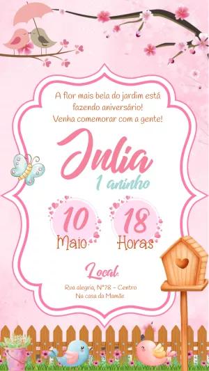 Convite Aniversário Jardim Encantado com Passarinhos para Editar