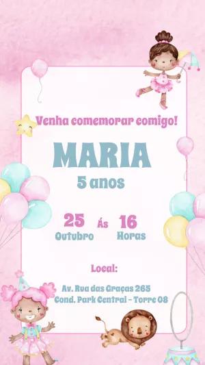 Convite Aniversário Circo Rosa Aquarela para Editar Online