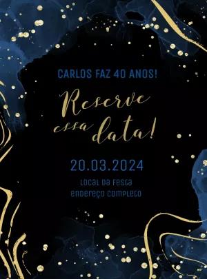 Convite Aniversário Mármore Azul e Dourado para Editar Online