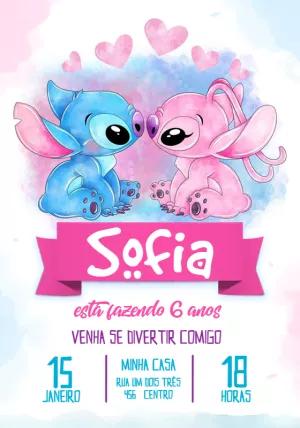 Convite Aniversário Stitch e Angel Aquarela para Editar Online