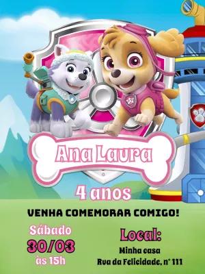 Convite Aniversário Patrulha Canina Skye e Everest para Editar