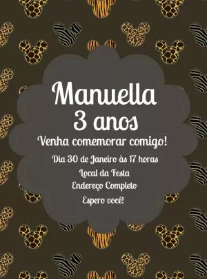 Convite Mickey Safari Aniversário com Estampas de Animais Editável