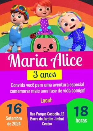 Convite de Aniversário Cocomelon com Personagens para Editar