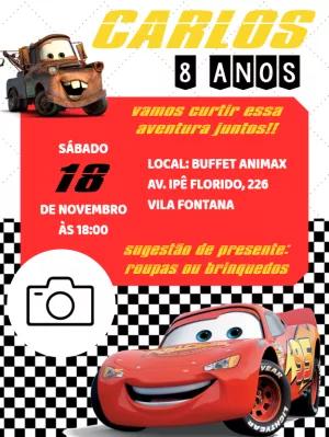 Convite Aniversário Carros com Foto para Editar Online