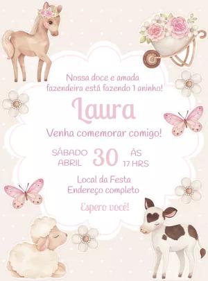 Convite Aniversário Fazendinha Rosa Aquarela para Editar