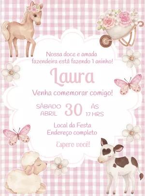 Convite Aniversário Fazendinha Rosa Aquarela para Editar