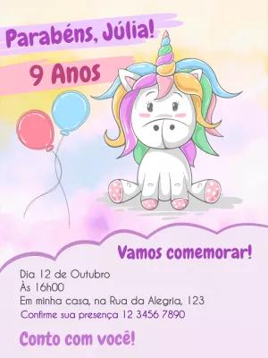 Convite de Aniversário Unicórnio Fofo para Editar Online