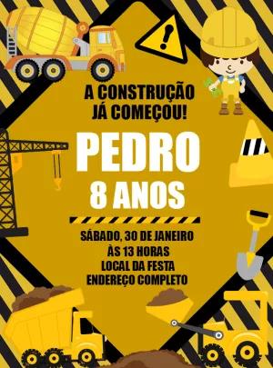 Convite de Aniversário Construção com Trator para Editar Online