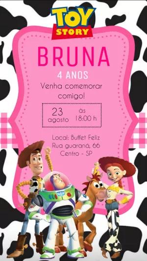 Convite Aniversário Toy Story Rosa com Personagens para Editar