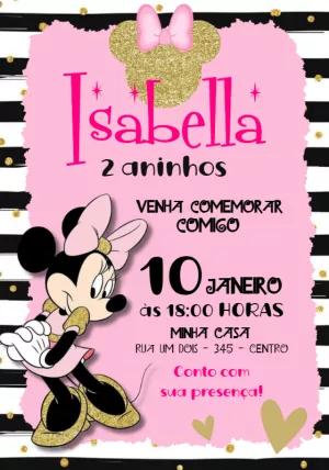 Convite Aniversário Minnie Rosa e Dourado para Editar Online