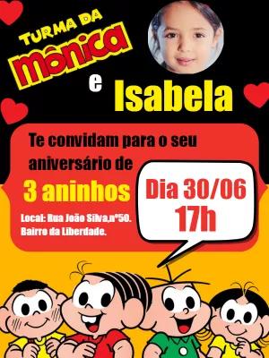 Convite Aniversário Turma da Mônica com Foto para Editar Online