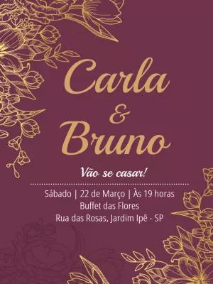 Convite de Casamento Magenta e Dourado Floral para Editar Online