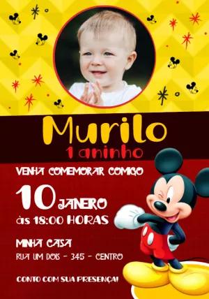 Convite Aniversário Mickey Mouse com Foto para Editar Online