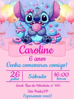 Convite de Aniversário Stitch Rosa para Editar Online