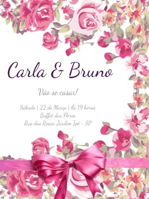 Convite de Casamento Floral Rosa com Laço para Editar Online