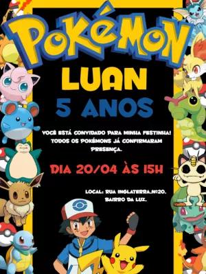 Convite de Aniversário Pokémon com Personagens para Editar Online