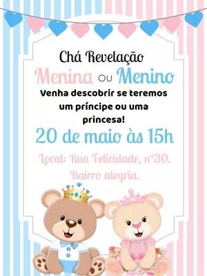 Convite Chá Revelação Ursinhos Príncipe e Princesa Editável