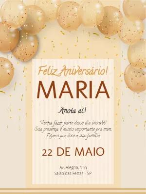 Convite de Aniversário com Balões Dourados para Editar Online