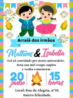 Convite Aniversário Festa Junina Irmãos Caipiras para Editar