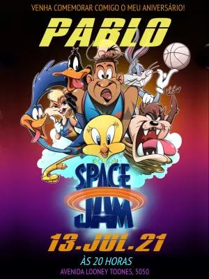Convite Aniversário Space Jam com Personagens para Editar