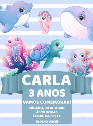 Convite Aniversário Fundo do Mar com Animais Fofos para Editar