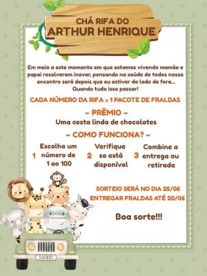 Convite Chá Rifa Safari com Animais Fofos para Editar Online