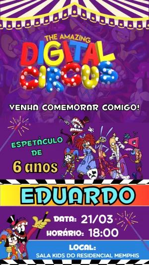 Convite Aniversário Circo Digital com Personagens para Editar