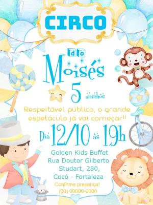 Convite de Aniversário Circo com Animais Fofos para Editar Online