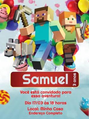 Convite de Aniversário Minecraft com Personagens para Editar