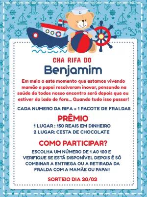 Convite de Chá Rifa Ursinho Marinheiro para Editar Online