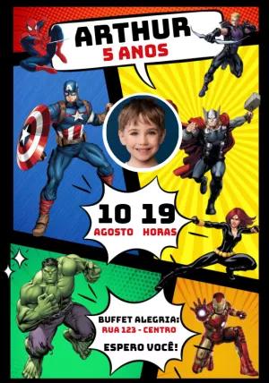 Convite Aniversário Vingadores com Foto para Editar Online
