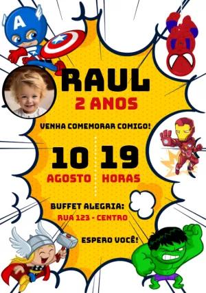 Convite Aniversário Vingadores com Foto para Editar Online