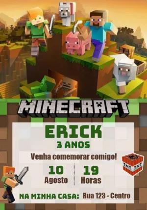 Convite de Aniversário Minecraft com Personagens para Editar