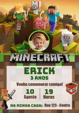 Convite de Aniversário Minecraft com Foto para Editar Online