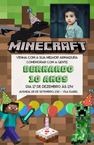 Convite Aniversário Minecraft com Foto para Editar Online