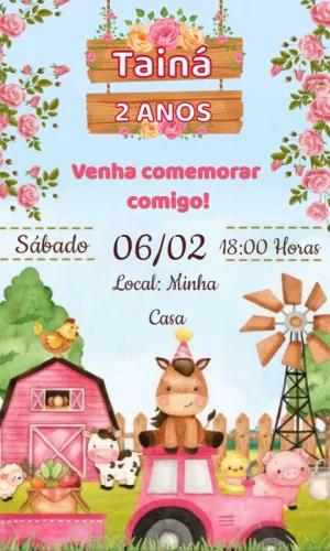 Convite Aniversário Fazendinha Menina com Animais para Editar