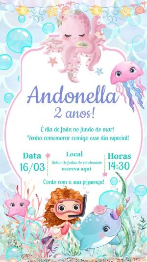 Convite Aniversário Fundo do Mar com Sereia para Editar Online