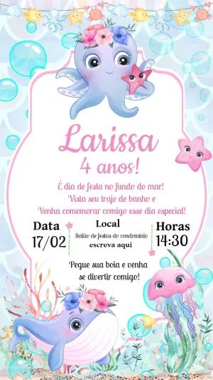 Convite Aniversário Fundo do Mar com Animais para Editar Online