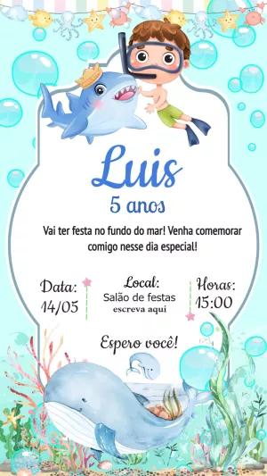 Convite de Aniversário Fundo do Mar com Menino para Editar