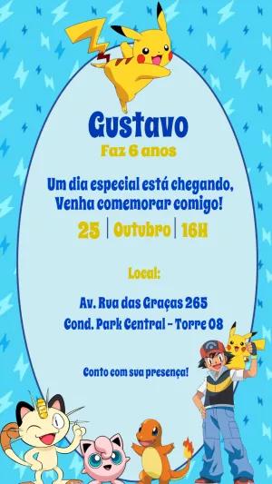 Convite de Aniversário Pokémon com Pikachu para Editar Online