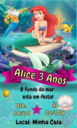 Convite Aniversário Pequena Sereia Ariel para Editar Online